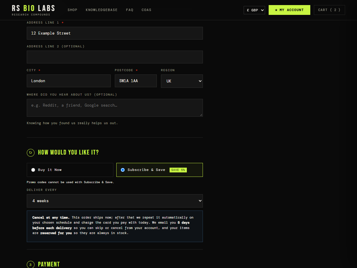 The checkout page with Subscribe and Save selected and a 4 weeks delivery frequency