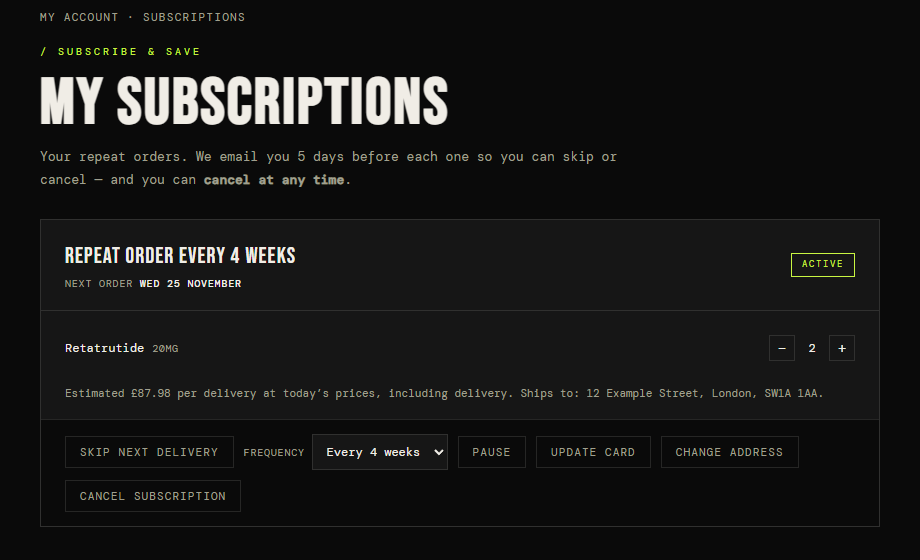 The My subscriptions page showing the next delivery date with Skip, Pause and Cancel buttons