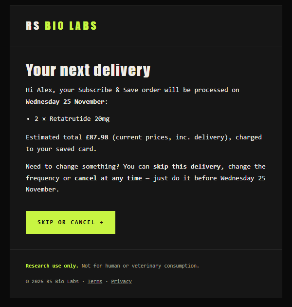 An example email: your next Subscribe and Save order, with a button to skip or cancel